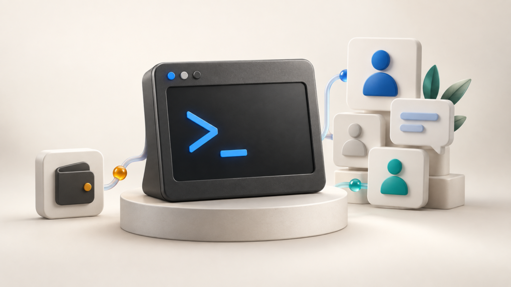A graphite Social Terminal connects community conversation tiles and an optional wallet on a warm porcelain background.