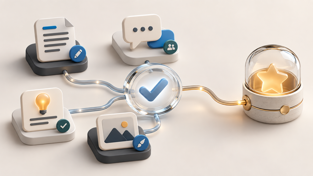Reviewed community contribution cards connect to a sealed reward capsule in an original editorial illustration.