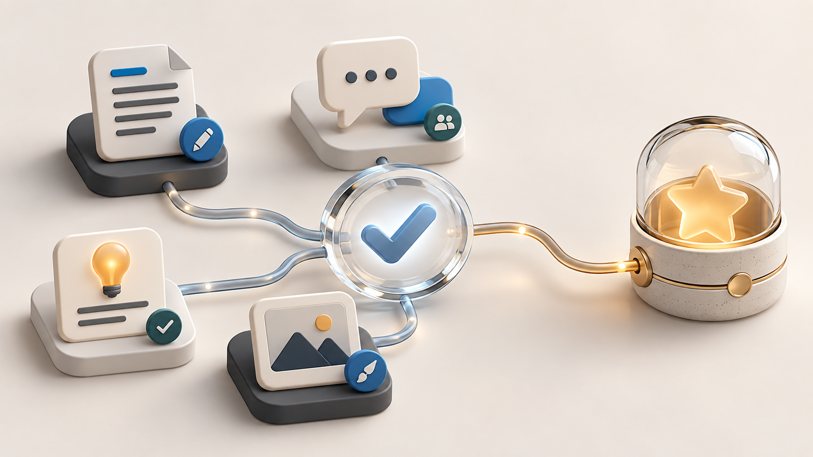 Reviewed community contribution cards connect to a sealed reward capsule in an original editorial illustration.