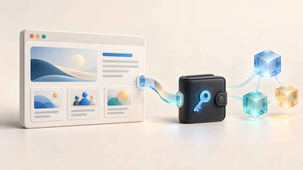 A porcelain browser connects through a transparent bridge to a separate wallet and modular network blocks.