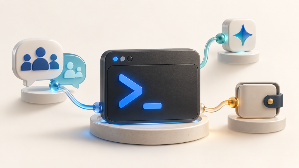 A graphite command hub connects to modular community, AI assistance and optional wallet tools.