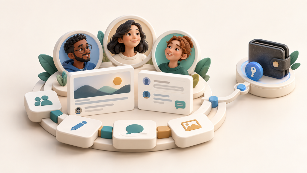 Member portraits and discussion cards form a modular community hub with a wallet on a separate optional branch.